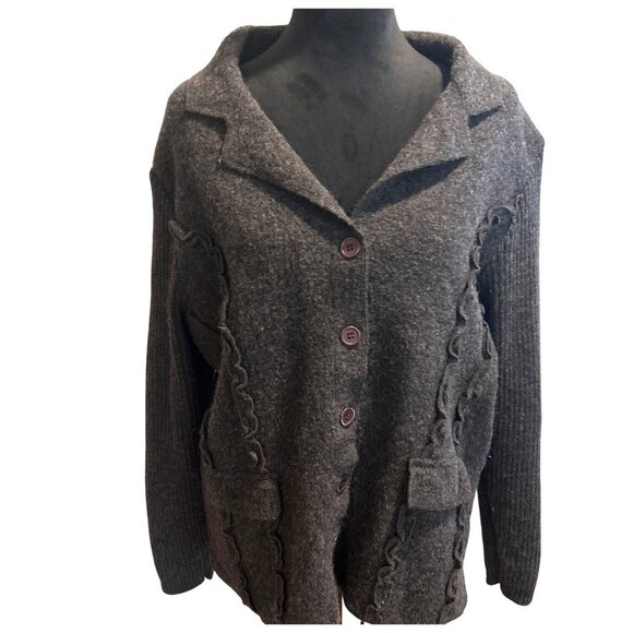 Women's Herman Geist Button-Up Gray Wool Blend Cardigan w/ Ruffle Details Sz XL - Picture 2 of 10